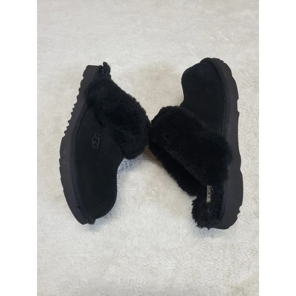 Ugg Black Suede Slip On Faux fur lining Slides Slipper Shoes 4 Casual Cozy Logo